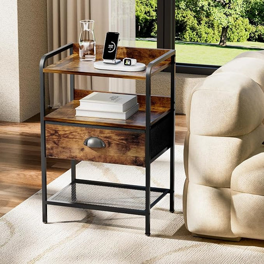 Nightstand with 1 Fabric Drawer, Side Table with Open Mesh Shelf, Bedroom Bedside Table with Storage, Fabric Drawer Dresser, Wood Top, Couch Side, Rustic Brown