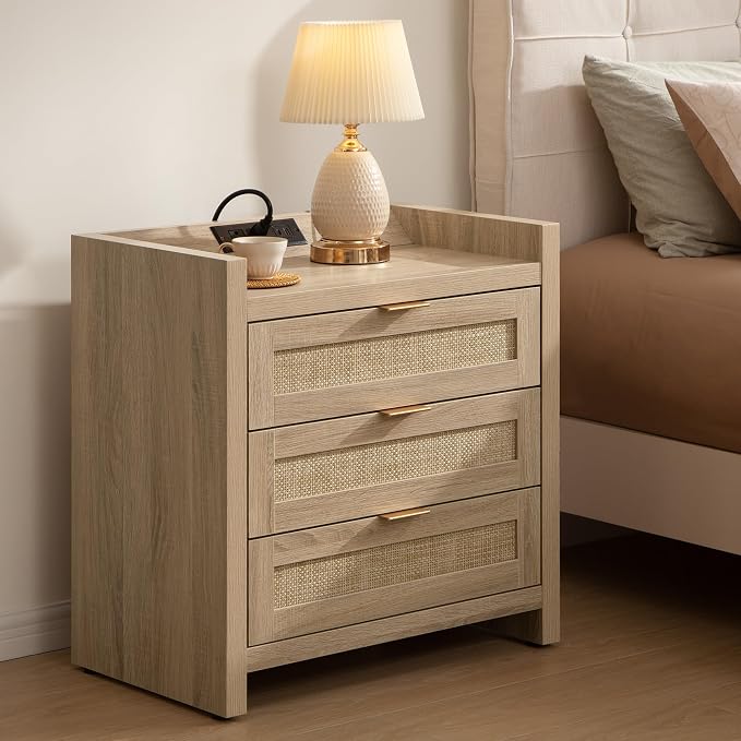 SICOTAS Rattan Nightstands Set of 2 Bedside Table - Larger Night Stand with Type-C Charging Station, 3 Drawers Storage, Boho Night Stands End Table for Bedroom Office - Light Oak