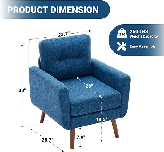 Tbfit Linen Fabric Single Sofa, Accent Chair, Mid Century Modern Armchair for Living Room, Bedroom Button Tufted Upholstered Comfy Reading Sofas, Blue