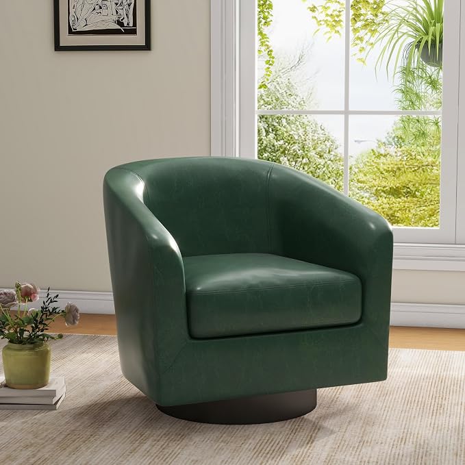 Swivel Barrel Accent Chairs Set of 2, Faux Leather Armchair for Living Room, Green