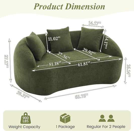 66" Curved Loveseat Sofa for Small Space, Boneless Chenille Boucle Cloud Couch, Luxury Extra High Back & Deep Seat, Oversized Comfort with No Assembly Required for Office, Dorm (Green)