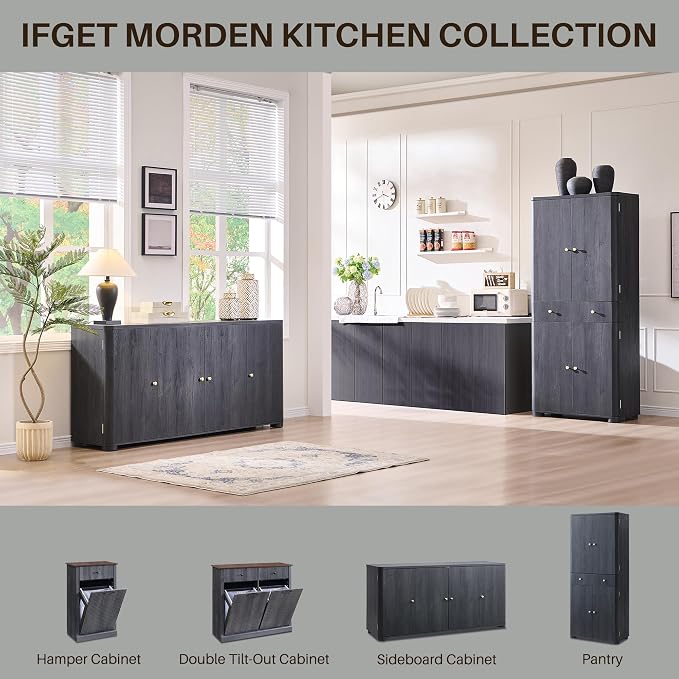 IFGET Curved Buffet Cabinet with Doors, 66" Large Sideboard Buffet Storage Cabinet with 4 Doors and Shleves, Modern Coffee Bar Station Wood Kitchen Table for Kitchen, Dining Room, Dark Grey