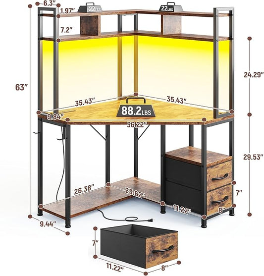 DurayLoly 63" Triangular Corner Desk with Hutch,Ample Storage for Small Room,Spacious 36" W Desktop,2 Fabric Drawers and Bottom Wooden Shelves,Versatile Computer Desk that Meets All Your Needs,Brown