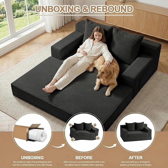 Boneless Loveseat Small Couch Bed, Futon Sleeper Sofa Bed,Convertible Pull Out Couch with 2 Pillows,Corduroy Folding Floor Couch for Living Room,No Assembly Required,Black