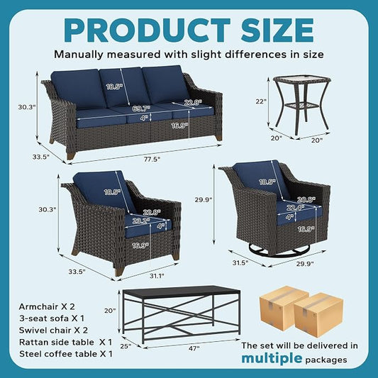 7 Pieces Outdoor Conversation Furniture Set - 77" Patio Sofa, 2 Armchairs, 2 Swivel Glider Chairs, 1 Side Table, 1 Metal Table, Wicker Couch with Washable Cushions for Porch (Navy Blue)