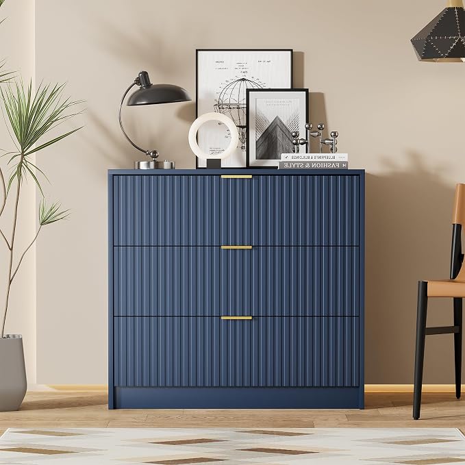 Furniway Navy Blue Dresser for Bedroom, Modern Dresser with 3 Drawers and Smooth Slides, Wide Chest of Drawers with Golden Handles for Bedroom, Living Room, Closet, 15.7" D x 31.5" W x 29.6" H