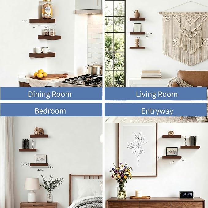 Floating Shelves, Walnut-Like Wooden Set of 3 Wall Mounted Bathroom Shelves Over Toilet, Modern Small Hanging Shelves for Bedroom Living Room Kitchen Rustic Home Decor, 12" x 7" x 1.5"