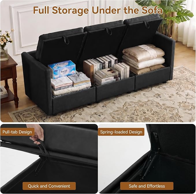 80" Black Faux Leather Storage 3 Seater Sofa, Modular Sectional Cloud Sofa | Modern Deep Seat Cloud Upholstered Sofa with Armrest, Convertible 3 Seater Comfy Sofa for Living Room, Bedroom, Small spaces