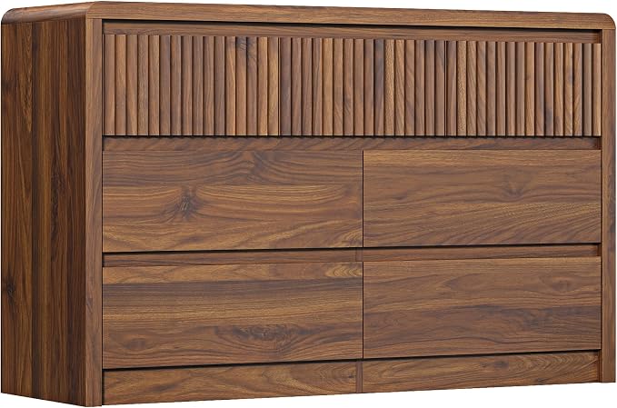 LYNSOM 7 Drawer Dresser for Bedroom, 50" Wide Fluted Dresser with Curved Corners, Wood Dressers & Chests of Drawers with Dual-Panel Design for Bedroom, Entryway, Walnut