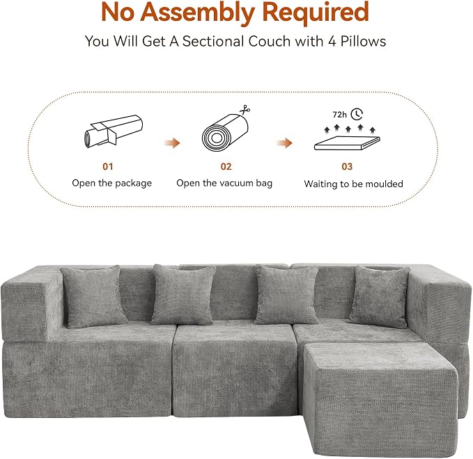 MONVANE 103'' Modular Sectional Sofa, Cloud Sectional Couch with Ottoman, Convertible Chenille L Shaped Couch with Deep Seat, Sectional Couches for Living Room, No Assembly Required, Light Grey