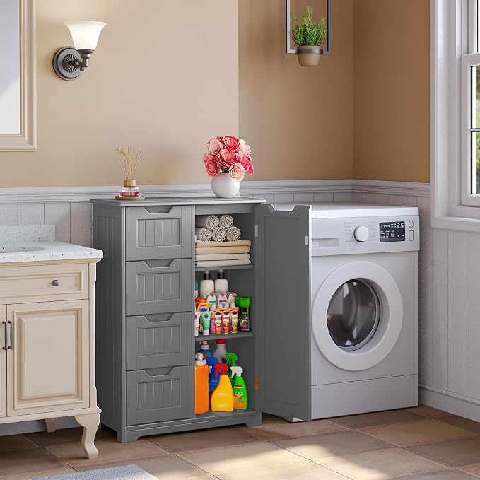 Gizoon Small Pantry with Door and Shelves, 33'' Kitchen Pantry Cabinet Freestanding Wooden Bathroom Storage Cabinet with 4 Drawers for Kitchen and Dining Room, Gray, Painted