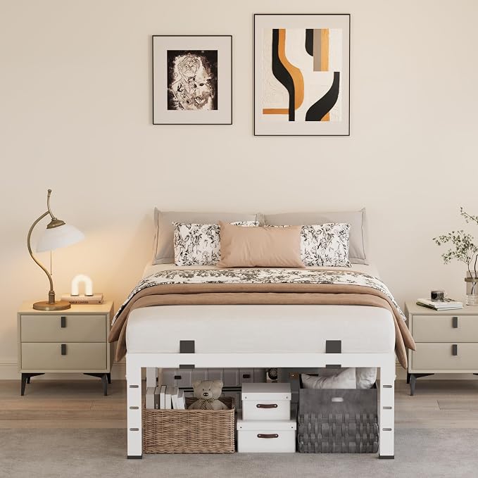 14 Inch Twin Bed Frames, Heavy Duty Metal Platform 3500 lbs Capacity, No Box Spring Needed, 6 Mattress Slide Stopper, Headboard Holes, Noise-Free, Easy Assembly, White