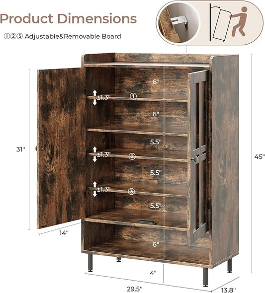 Shoe Storage Cabinet with 2 Doors, 6-Tier Shoe Cabinet with 3 Adjustable Shelves and Metal Legs, 45'' Tall Shoe Rack Organizer Cabinet for Entryway, Front Door, Rustic Brown