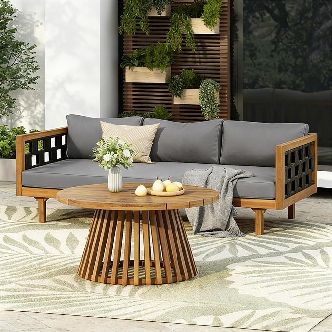 Merax Outdoor 3 Seater Daybed, Acacia Wood Patio Day Bed Couch Sofa with Cushions & Stylish Rope Weave Armrest, 67.5" L Outdoor Seating for Gardern Deck Porch Balcony, Dark-Grey