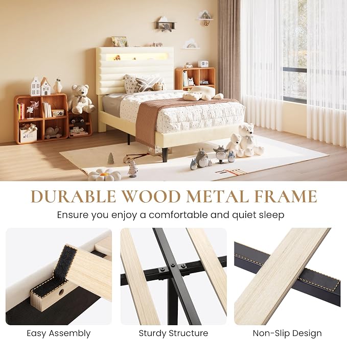 SHA CERLIN Twin Bed Frame with LED Light & 2-Tier Storage Shelf, Velvet Upholstered Adjustable Headboard with Charing Station, Horizontal Channel Tufted, No Box Spring Needed, Easy Assembly, Cream