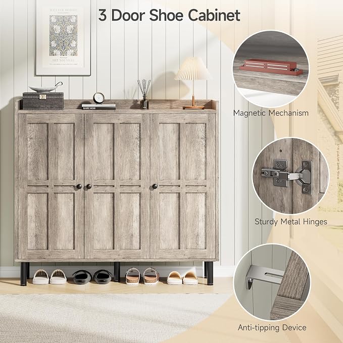 ONBRILL Shoe Cabinet with 3 Doors and Adjustable Shelves, 30 Pairs Shoe Storage Cabinet, 40 Inch Tall Farmhouse Shoe Rack Shoe Organizer Cabinet for Entryway Living Room Closet, Gray Wash