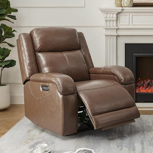 Watson & Whitely Oversized Genuine Leather Power Recliner Chairs for Big and Tall, Wall Hugger Recliner with Power Headrest & Charging Ports, Extra Large Reclining Chair for Living Room, Cafe