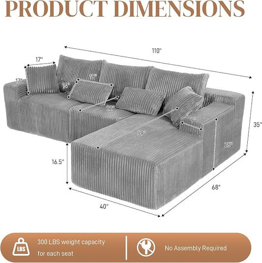 110" L Shaped Cloud Boneless Sectional Couches for Living Room, Modern Comfy Modular Deep Seat Memory Foam Compressed Corduroy Sofa Oversized Right Facing Chaise, No Assembly Required, Grey