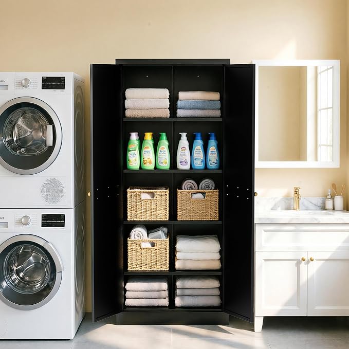 61" H Black Metal Kicthen Pantry Storage Cabinet 5-Tier Cupboard | Tall Metal Cabinets for Kitchen, Living Room, Garage, Heavy Duty Freestanding Utility Cabinet, Assembly Require