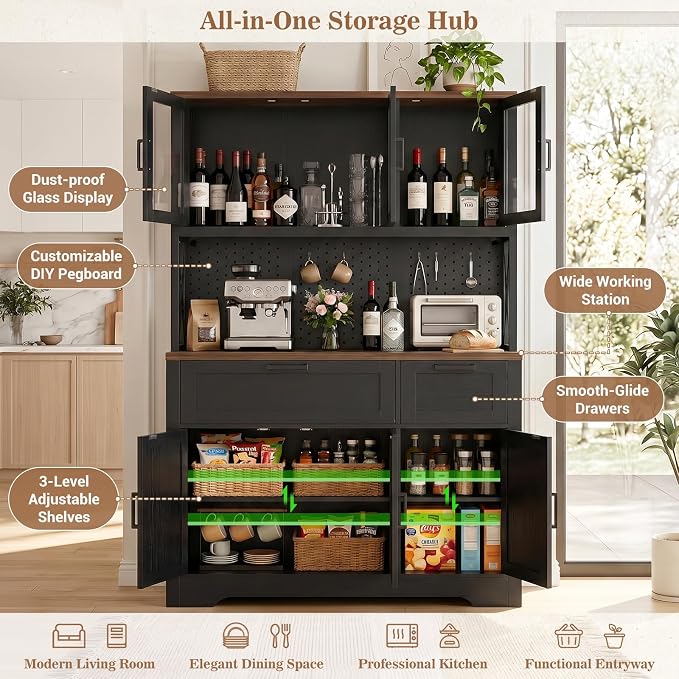 Unikito 71" Tall Pantry Cabinet, Kitchen Pantry Storage Cabinet with Charging Station & LED Lights, Freestanding Microwave Stand Coffee Bar Hutch with Drawers & DIY Pegboard for Dining Room, Black