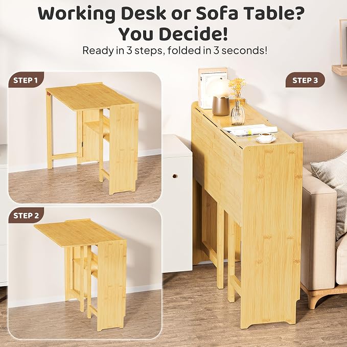 Bamboo Folding Desk for Small Spaces, Mid Century Small Computer Foldable Desk for Bedroom Home Office, Space Saving Sofa Table for Couch, Writing Work Office Desk,Natural