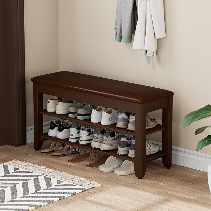 Homleke 2-Tier Solid Wood Shoe Rack Bench with Flip-Top Storage | Entryway Bench with Cushion, Adjustable Shelf, Holds Up to 8 Pairs, for Hallway, Bedroom and Closet, Walnut, 31.5 Inch