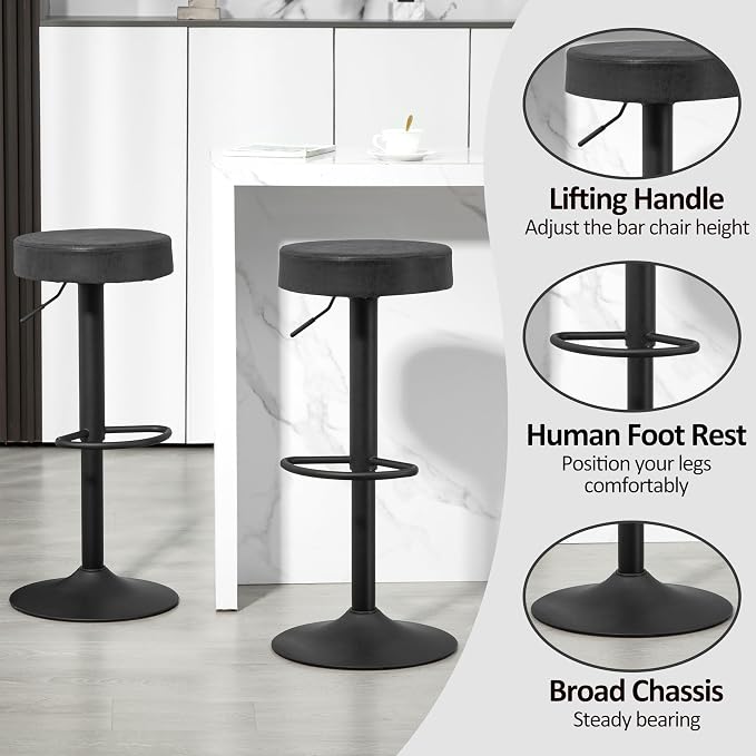 Finnhomy Bar Stools Set of 2 Counter Height, Swivel Barstools with Footrest and Backless Round, Height Adjustable Rustic Bar stools for Kitchen, Vintage Leather, Retro Black