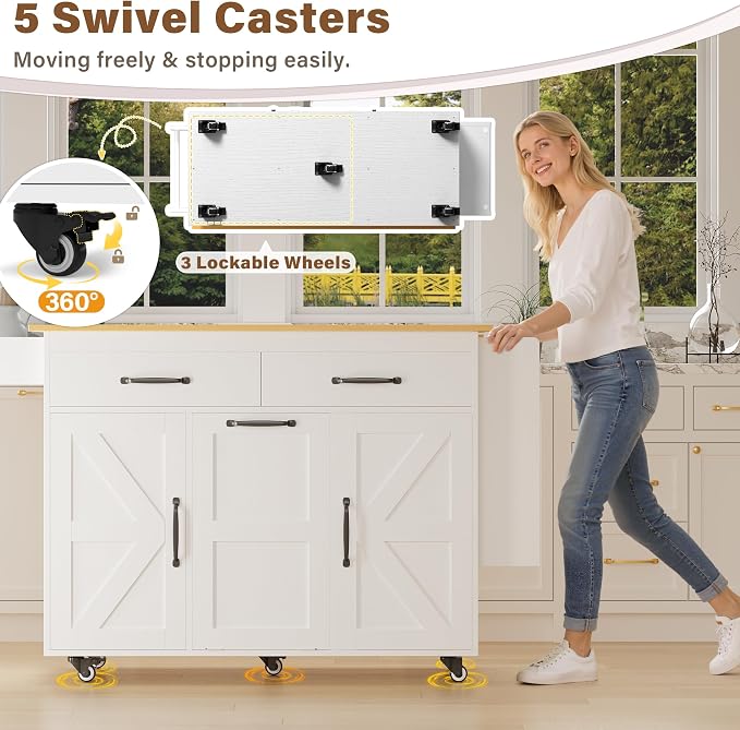 YESHOMY Kitchen Island on Wheels with Trash Cabinet, 56" Mobile Cart with Drop Leaf and Drawers, Rolling Portable Table with Spice Rack & Towel Holder for Dining Room, White & Oak