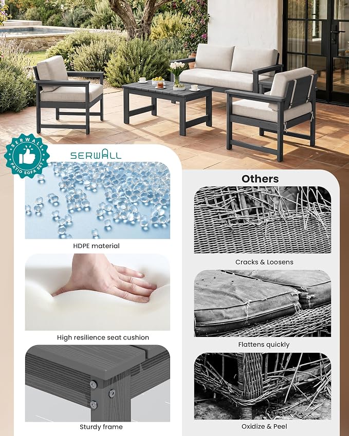 SERWALL 2 Pieces Single Cushioned Sofa Chair, Grey HDPE Outdoor Adirondack Lounge Armchair with Khaki Cushion