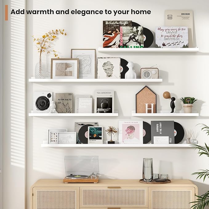 Fun Memories Picture Ledge Shelves Set of 2, 24 Inch Rustic Wall Mounted Floating Shelves with Lip for Home Storage and Décor in Bathroom, Kitchen, Nursery, Bedroom, Living Room, White