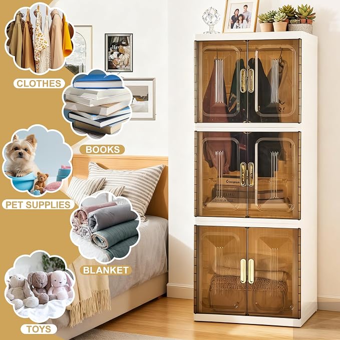 SAYMA 3 Layer Portable Wardrobe Closet Pet, Pet Collapsible Clothes Storage Organizer, White Plastic Foldable Wardrobe Cabinet with Doors & Wheels (3 Layer)