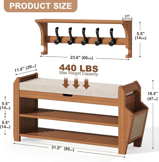 PETKABOO 31.5" Bamboo Shoe Rack Bench with Coat Rack, 3-Tier Entryway Bench with Thick Cushion, Flip-Top & Side Baskets, Holds Up to 550 LBS for Hallway, Living Room, Bedroom