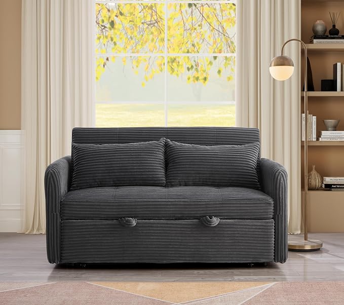 55.5" Corduroy Convertible Sofa Bed, Pull Out Sleeper Sofa Bed, Loveseat Couch with USB Charging Ports, 3 in 1 Convertible Sleeper Sofa Bed for Living Room, Apartment, Bedroom, RV, Grey