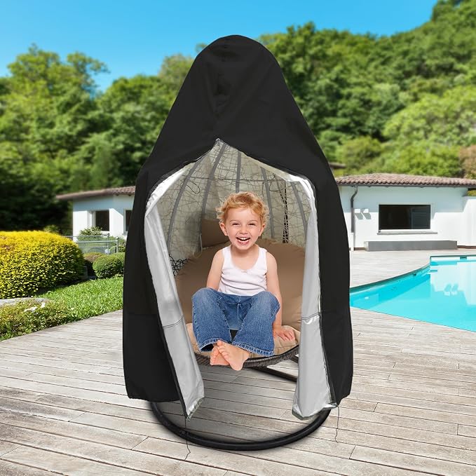 Egg Chair Cover Waterproof, 75x45 Inch Outdoor Hanging Egg Swing Chair Cover, Heavy Duty 420D Oxford Fabric, UV Resistant Windproof with Zipper & Drawstring, Fits Single Seat Egg Chair (Black)