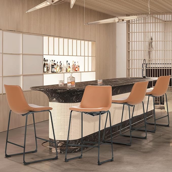 Athena Collection Bar stools Set of 2, 23 Inches Counter Height Bar Stools Chair with Back and Metal Legs, Modern Leather Barstools Set of 2 for Counter, Kitchen Island, Dining Room, Brown