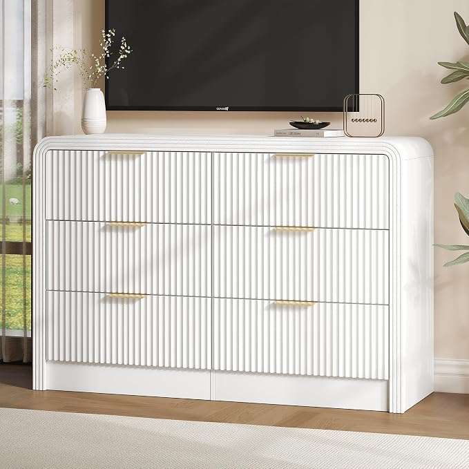 Decofy Fluted Drawers Dresser for Bedroom, Wood Dressers with Gold Handles, Modern Dressers with Wave Texture, Large Storage Chest of Drawers, Bedroom Dresser Organizer 47'' & 6 Drawers (Pure White)