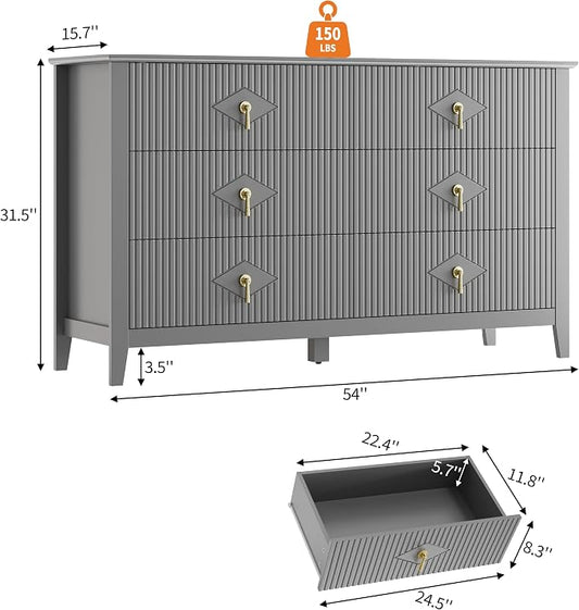 GarveeHome Fluted Dresser for Bedroom, 54 Inch Wide 6-Drawer Wood Dresser, Modern Chest of Drawers, Storage Organizer Cabinet for Living Room, Hallway, Entryway, Grey