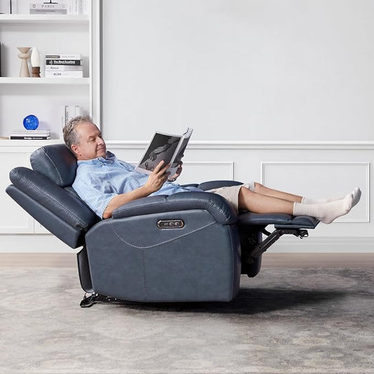 Watson & Whitely Oversized Genuine Leather Power Recliner Chairs for Big and Tall, Wall Hugger Recliner with Power Headrest & Charging Ports, Extra Large Reclining Chair for Living Room, Navy Blue