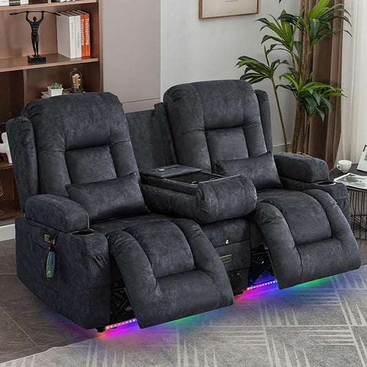 URRED Power Loveseat Recliner Sofa with Massage and Heat, Wall Hugger Reclining Loveseat with Console, RV Couch Home Theater Seating with LED Lights for Living Room (Dark Grey, 67" - 2 Seats)