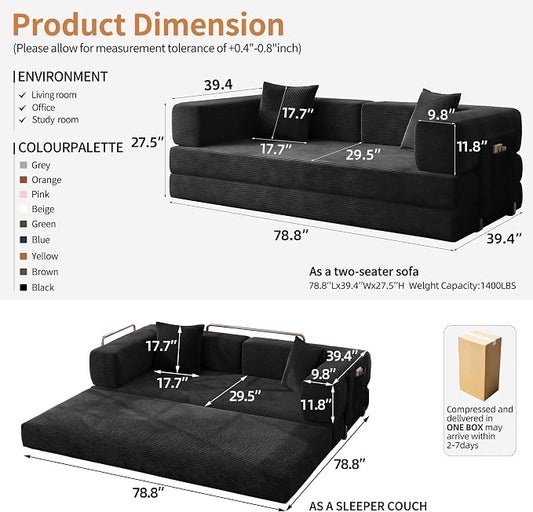 78.8" Convertible Sofa Bed with Armrest Pillow, 4-in-1 Sleeper Couch Bed for Livingroom, Modular Corduroy Boneless couches, No Assembly (Black)
