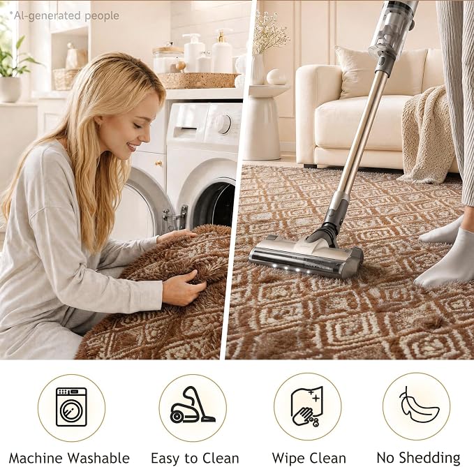 Ophanie Brown and White Diamond Striped Rugs for Living Room 5x7,Fluffy Shag Large Fuzzy Plush Soft Carpets,Shaggy Rugs for Bedroom,Carpet for Kids Boys Girls Dorm Decor with Over 99 pcs Pile fibers