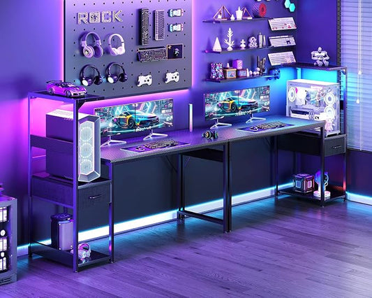 Casaottima 54'' Gaming Desk with LED Lights & CPU Stand, Reversible Computer Desk with Storage Shelves & Fabric Drawer, Modern PC Gamer Table with Headphone Hook, Carbon Fiber Black