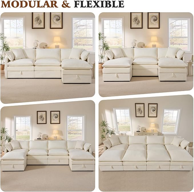 Ihanherry 135” Oversized Sectional Sofa Bed with Storage, 8-Seater Modular Cloud Couch with Movable Ottomans, Chenille Deep Seat Sleeper Couches for Living Room (Beige)