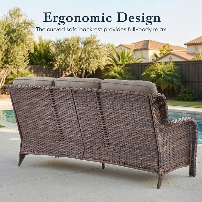 Belord Luxury 6" Thick Cushioned PE Wicker 3-Seater Outdoor Couch, All-Weather Comfortable Modern Patio Sofa, High Back Deep Seat Woven Outdoor Furniture for Porch Balcony, Lawn, Deck - BrownGrey