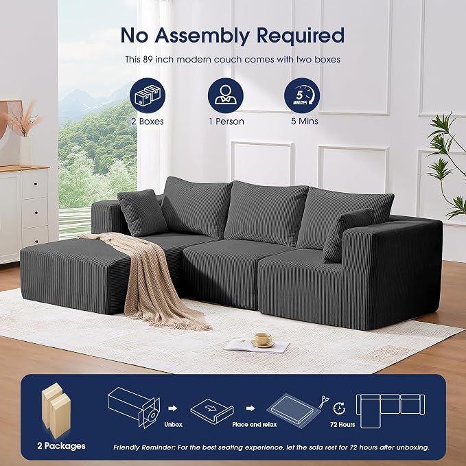 KINGYES 107'' Modular Sectional Sofa, L Shaped Cloud Couch for Living Room, Modern Boneless Sofa with Chaise for Bedroom, Gray