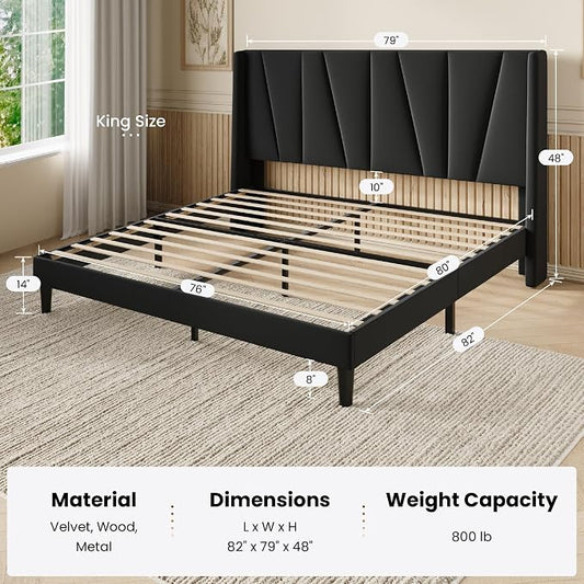 SHA CERLIN King Size Velvet Bed Frame with Geometric Wingback Headboard, Upholstered Platform Bed with Wooden Slats Support, 8" Under-Bed Space, No Box Spring Needed, Easy Assembly, Black