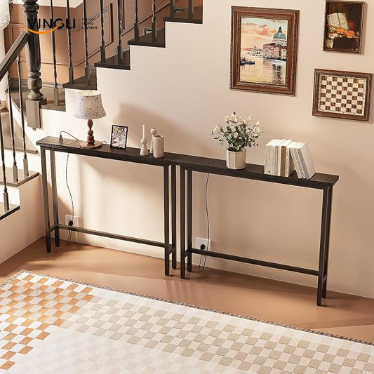 VINGLI 79" Console Table with Charging Station, 5.9" Narrow Sofa Table Set of 2, Entryway Table with Power Outlet & 4.9 Ft Extension Cord & Adjustable Feet, for Living Room, Hallway, Black