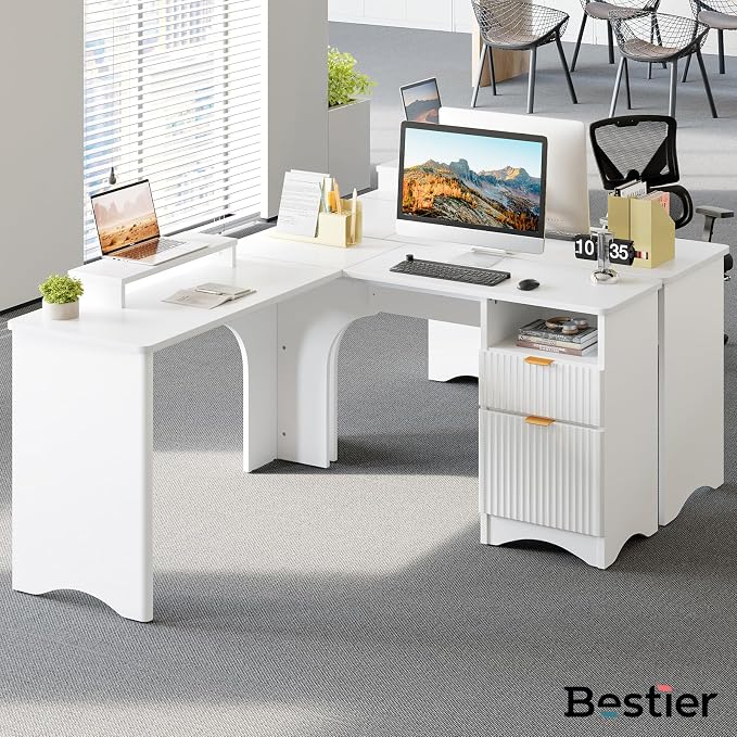 Bestier L Shaped Desk with File Drawer, 55.7" x 55" Office Computer Desk with Round Corners, Modern Desk with Monitor Stand & Fluted Panels for Home Office, White