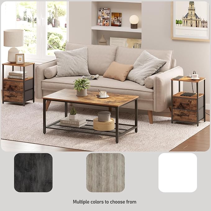 TUTOTAK End Table with Charging Station, Side Table with 2 USB Ports and Outlets, Nightstand with Cloth Drawer, Set of 2, Couch Table, Brown TB01BB052 | with Charging Station