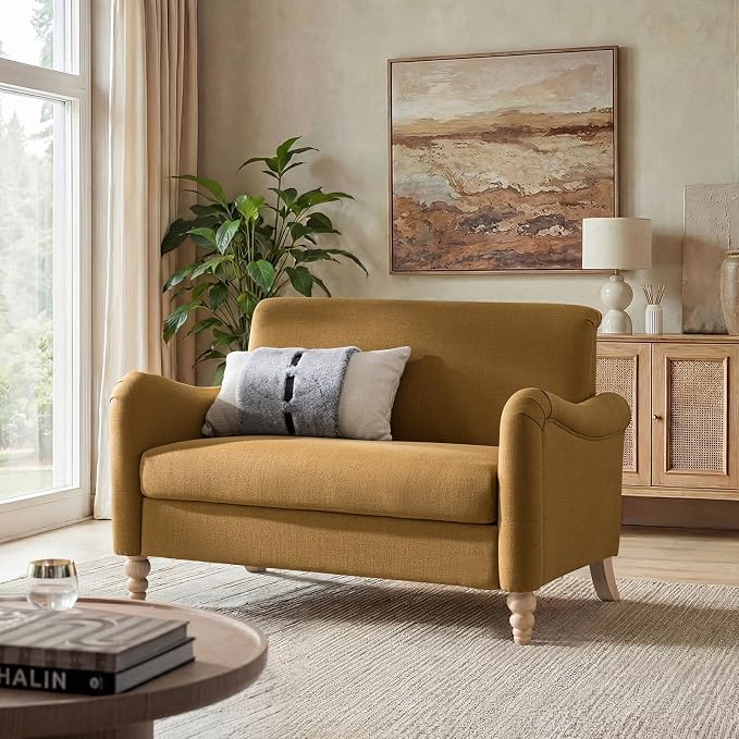 EcoHarbor Living 50.5" Mid-Century Modern Couch, Upholstered Sofa with Armrests, Stripe Mini Couches for Small Spaces, Living Room, Bedroom, Office, Apartment, Golden